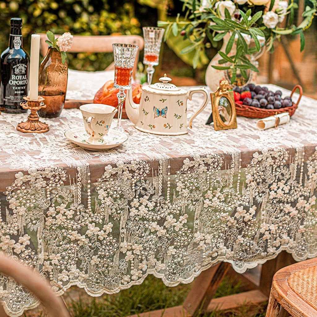 Elegant Lace Organza Embroidered Decorative Tablecloth