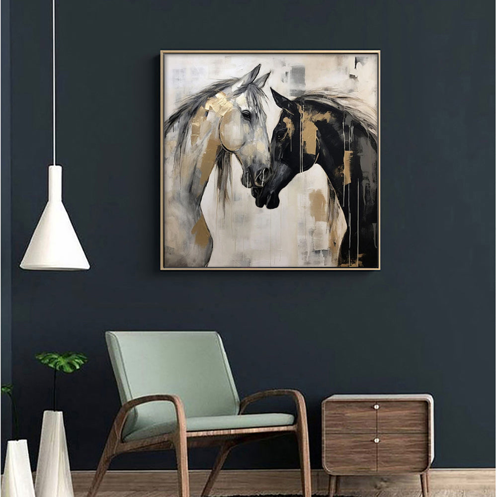 Hand-Painted Black And White Horse Canvas Wall Art