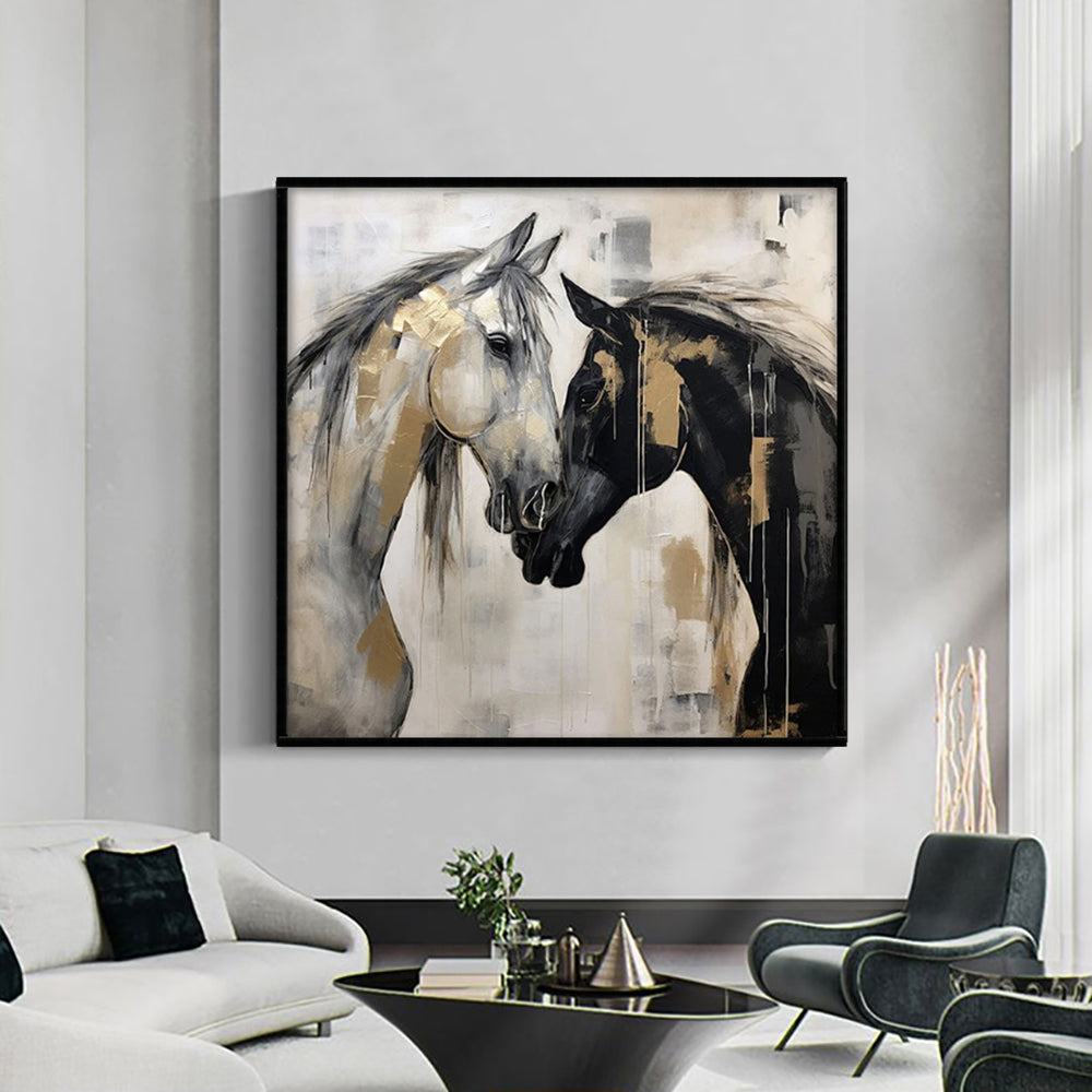Hand-Painted Black And White Horse Canvas Wall Art