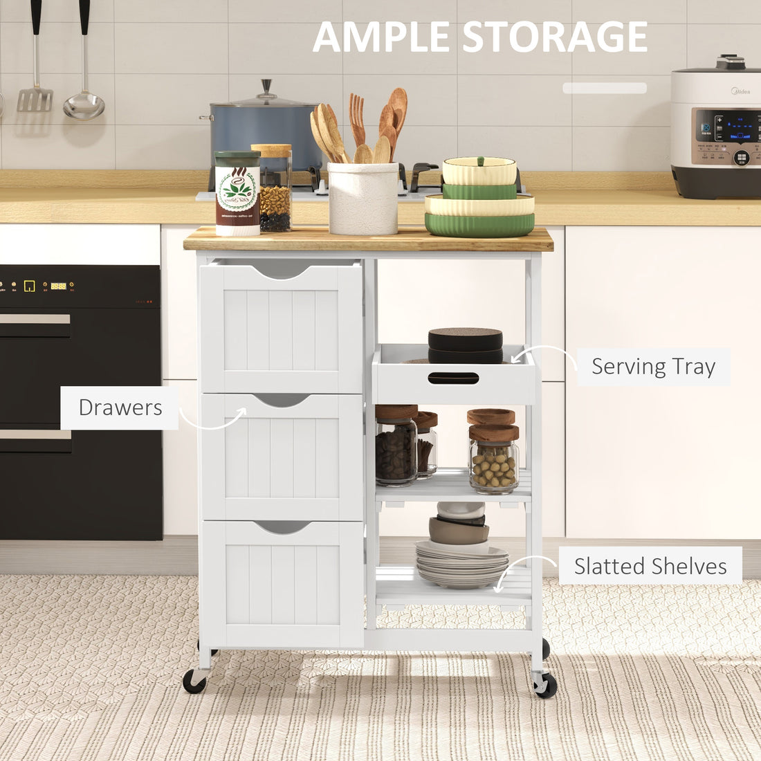 Rolling Kitchen Cart With Wood Top, Shelves and Drawers