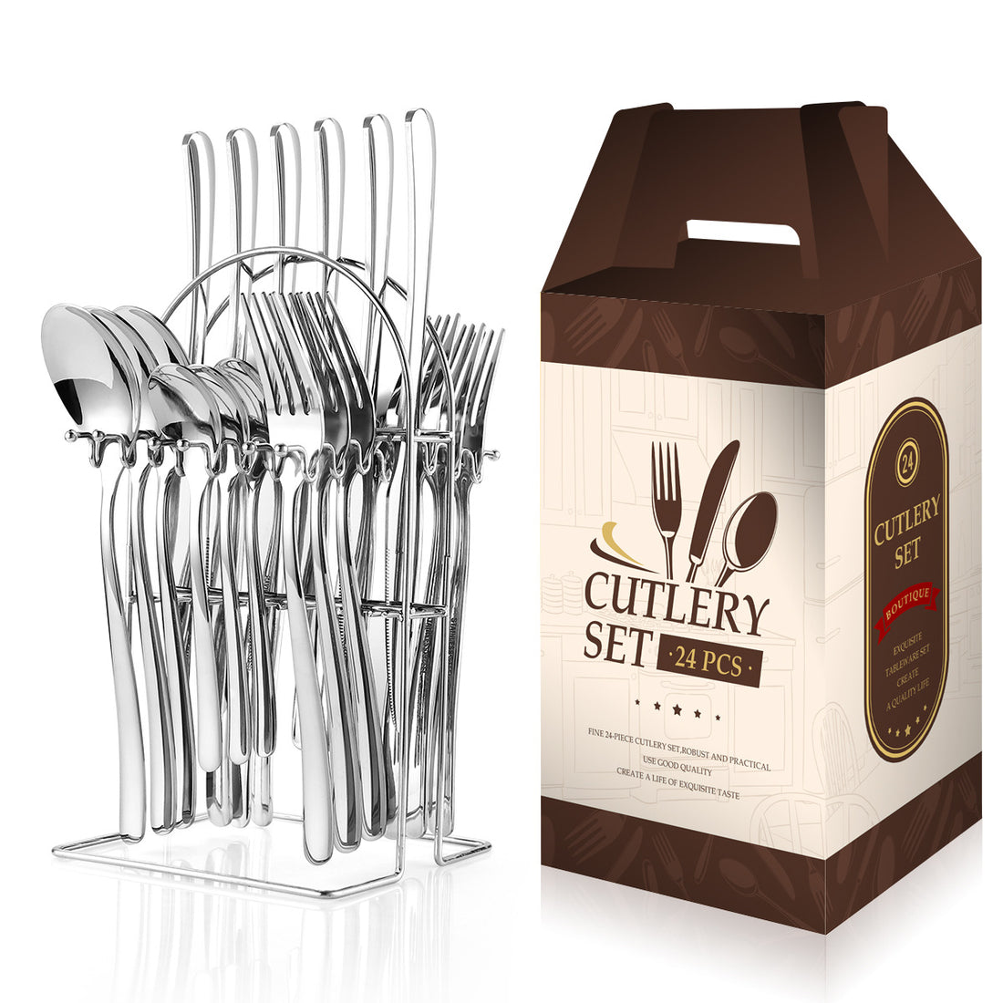 Stainless Steel Cutlery Set 24 Piece With Storage Rack