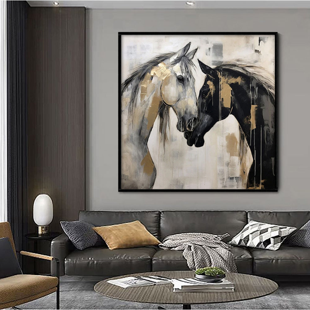 Hand-Painted Black And White Horse Canvas Wall Art