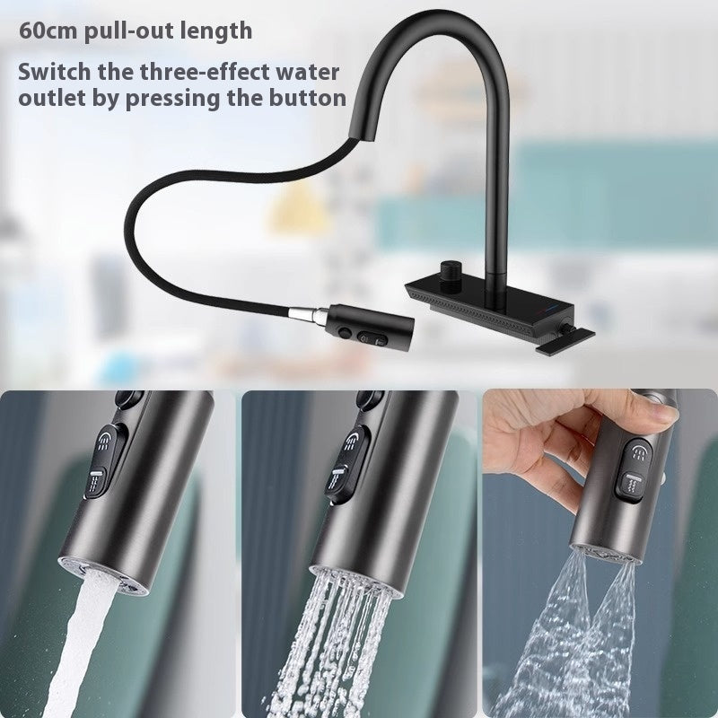 Gun Gray Stainless Steel Waterfall Kitchen Faucet Single Sink