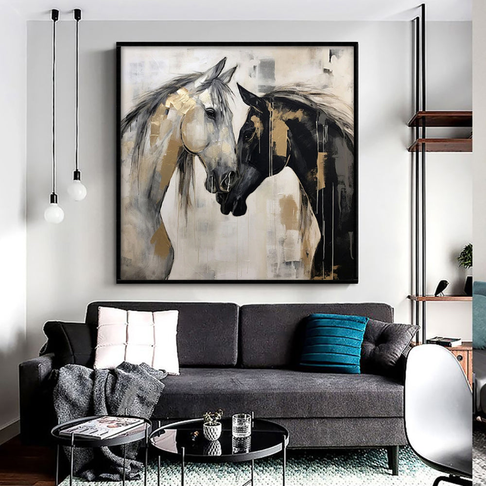 Hand-Painted Black And White Horse Canvas Wall Art