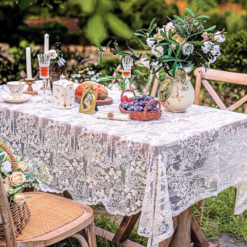 Elegant Lace Organza Embroidered Decorative Tablecloth